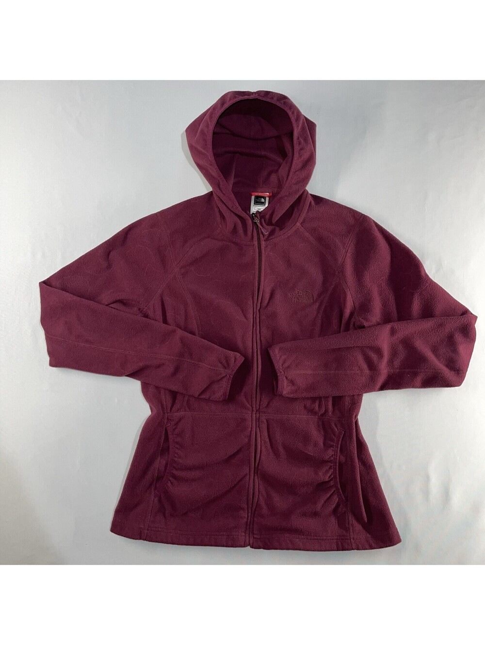 The North Face Women Jacket Sz M Red Maroon Hooded Fleece Full Zip Ruched Floral